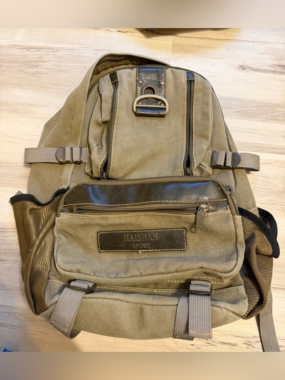 HAISHAN Sport Canvas & Leather Backpack in Olive with Dark Brown Accents